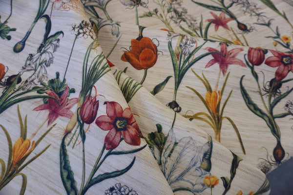 Botanical Print on Silk Blend Slub Ottoman