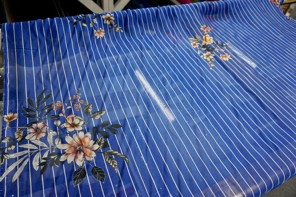 Floral Stripes Print Silk Chiffon, Blue