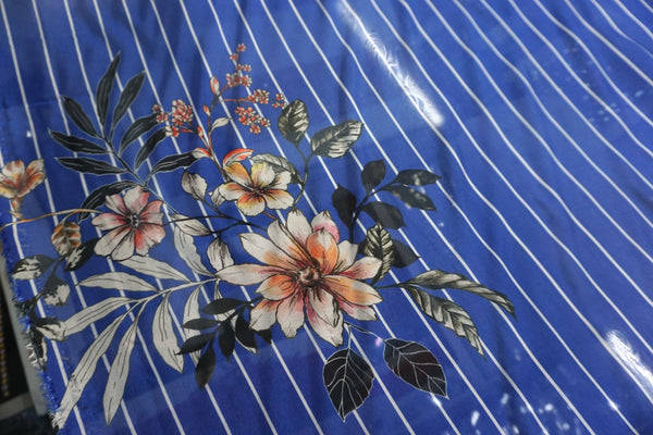 Floral Stripes Print Silk Chiffon, Blue