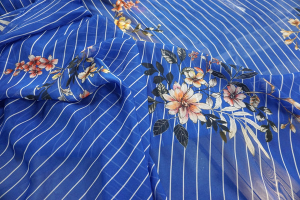 Floral Stripes Print Silk Chiffon, Blue