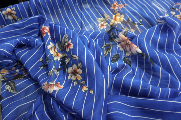 Floral Stripes Print Silk Chiffon, Blue