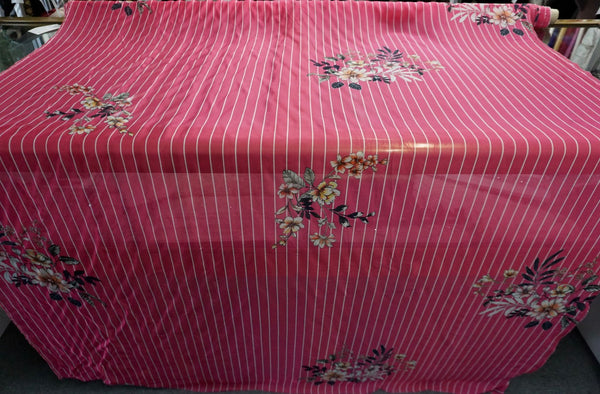 Floral Stripes Print Silk Chiffon, Fuschia