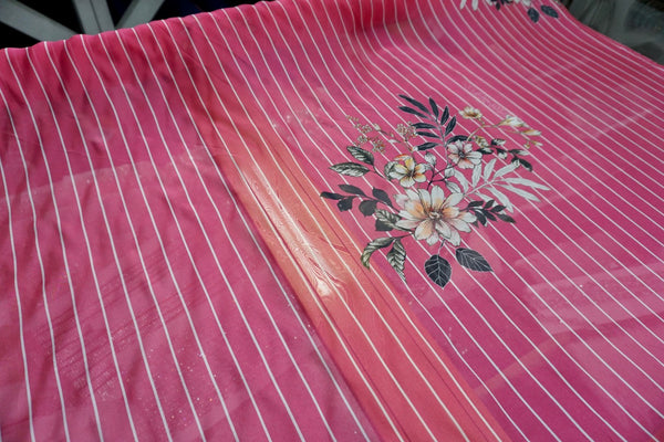 Floral Stripes Print Silk Chiffon, Fuschia