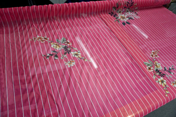 Floral Stripes Print Silk Chiffon, Fuschia