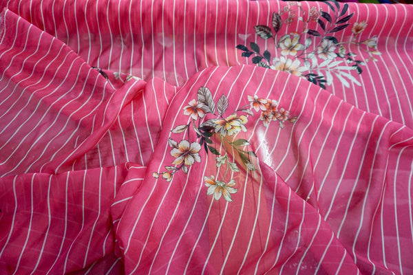 Floral Stripes Print Silk Chiffon, Fuschia