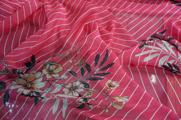 Floral Stripes Print Silk Chiffon, Fuschia