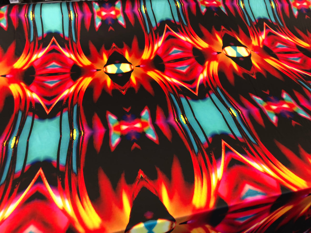 Blue Flame Mirror Print on Stretch Satin Fabric Muse