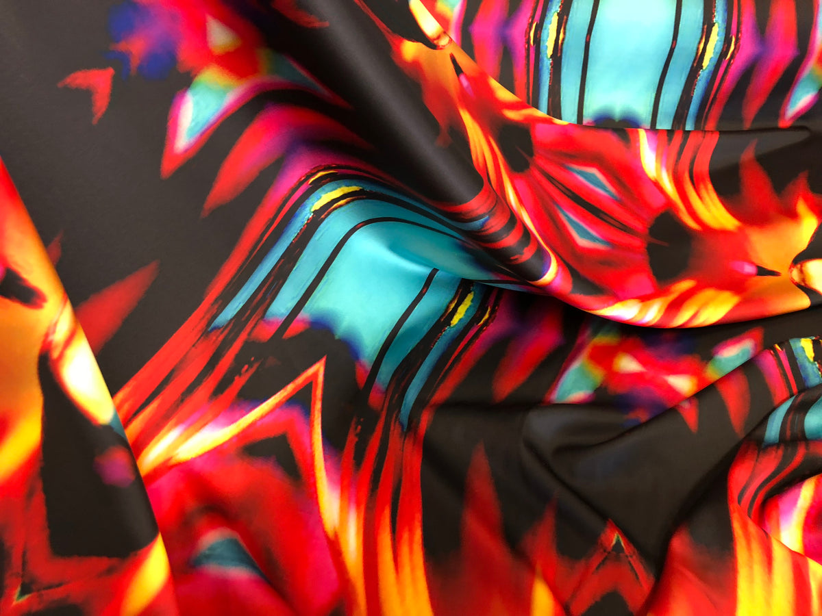 Blue Flame Mirror Print on Stretch Satin Fabric Muse