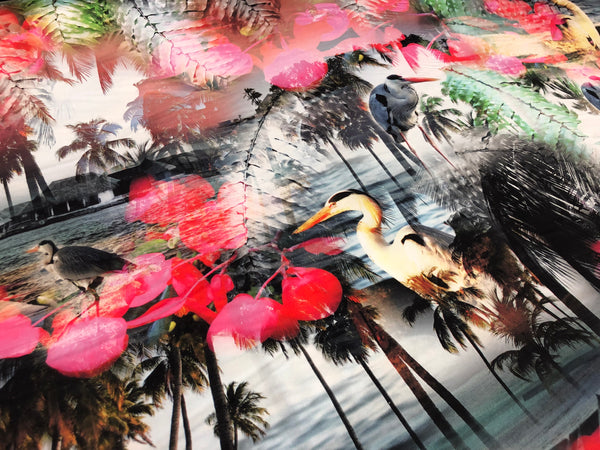 Birds of Miami Print on Stretch Satin