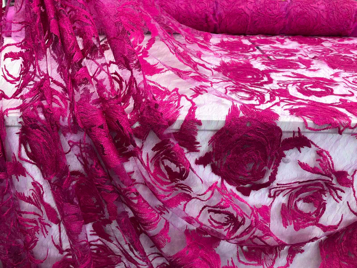 Sketch Rose Embroidered Lace, Fuchia Pink – Fabric Muse