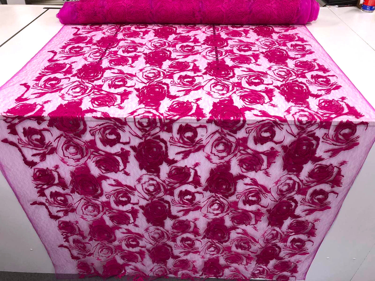 Sketch Rose Embroidered Lace, Fuchia Pink – Fabric Muse