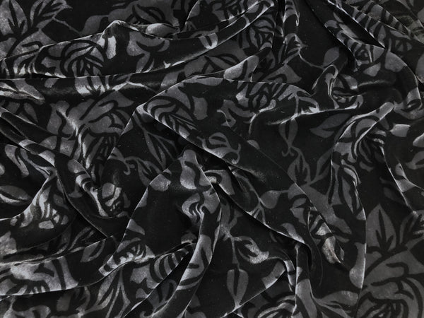 French Rose Print Silk Blend Velvet, Black & Charcoal