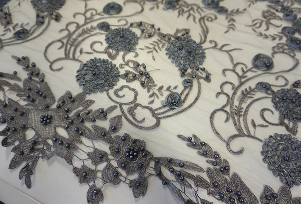 Grey Embroidered and Beaded Tulle Lace
