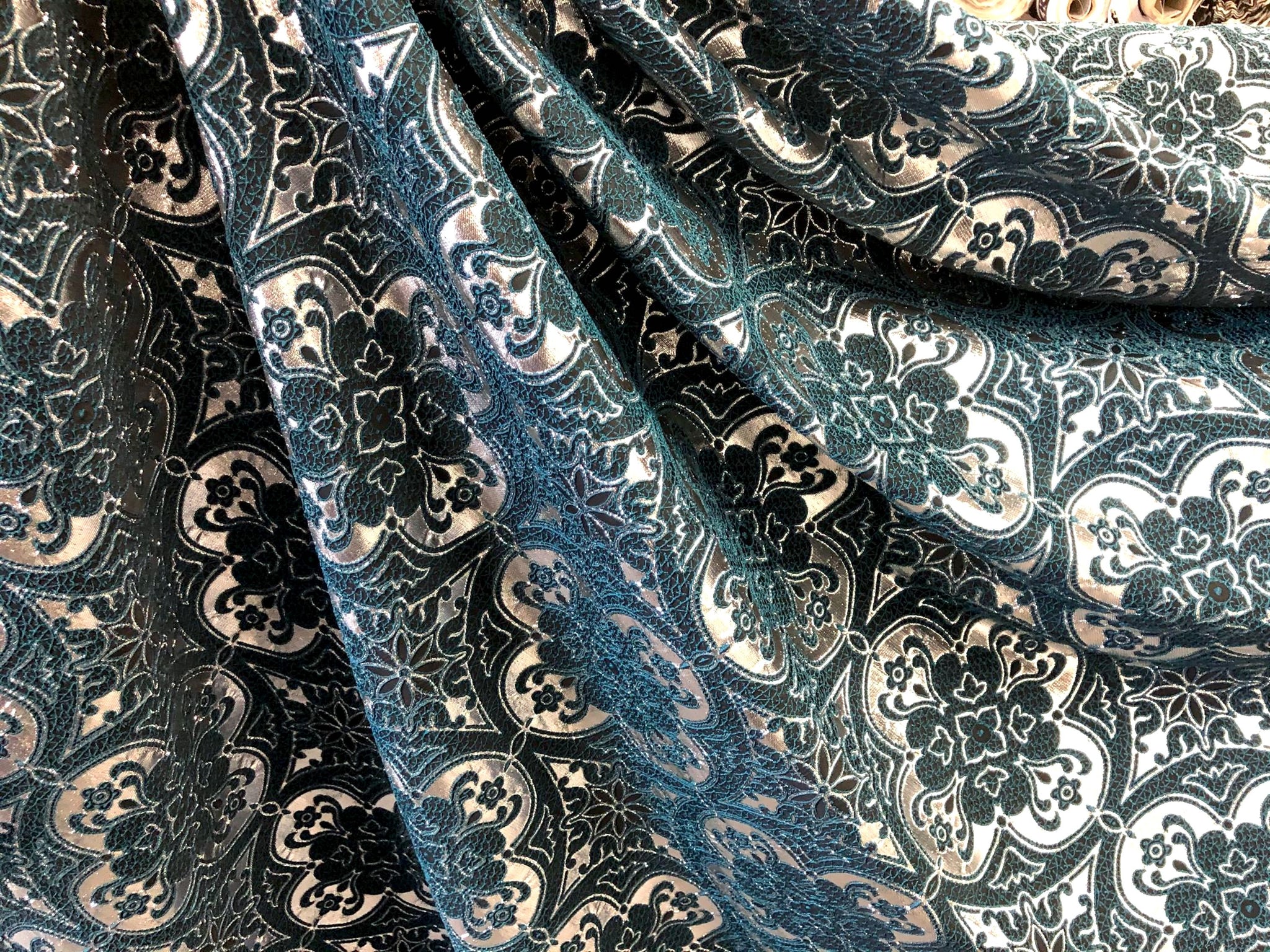 Silver & Dark Teal Mandala Brocade, Jacquard