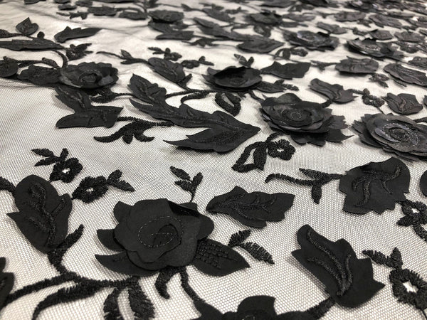 Black on Black 3D Floral Lace Embroidery on Tulle Netting
