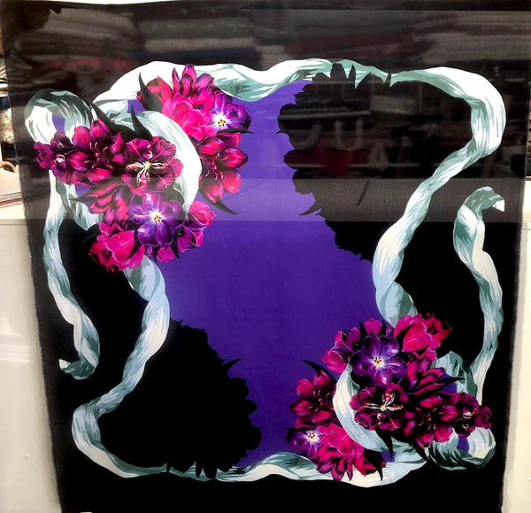 PANEL- Painted Tulips in Fuscia, on Black Crepe de Chine