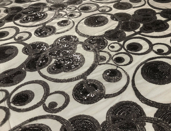 Black Sequin Swirls on Black Tulle Net