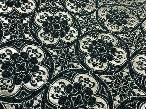 Silver & Dark Teal Mandala Brocade, Jacquard