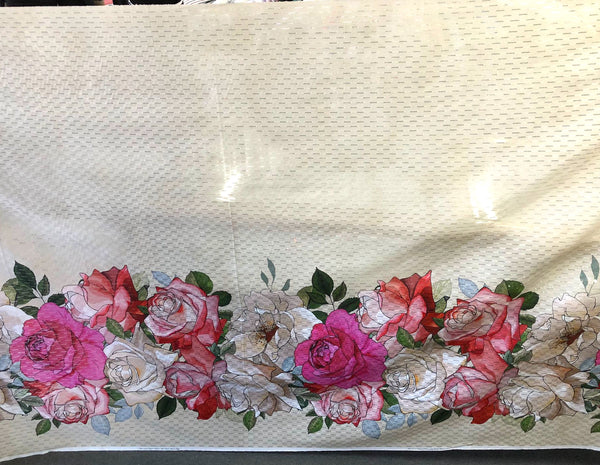 Printed Border Eyelet Stripe Cotton, Roses & Magnolias