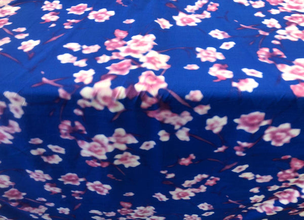 Blurred Pink Cherry Blooms on Cobalt Blue Poplin