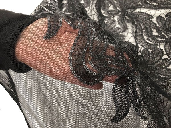 Faux Leather Sequins Black Leaves on Black Netting