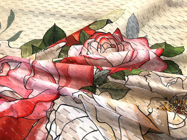 Printed Border Eyelet Stripe Cotton, Roses & Magnolias