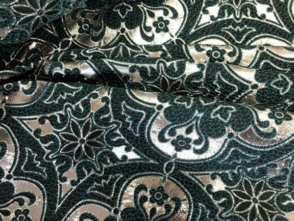 Silver & Dark Teal Mandala Brocade, Jacquard