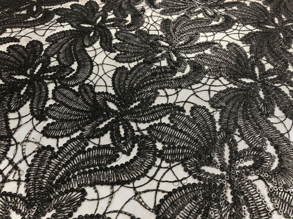 Faux Leather Sequins Black Leaves on Black Netting