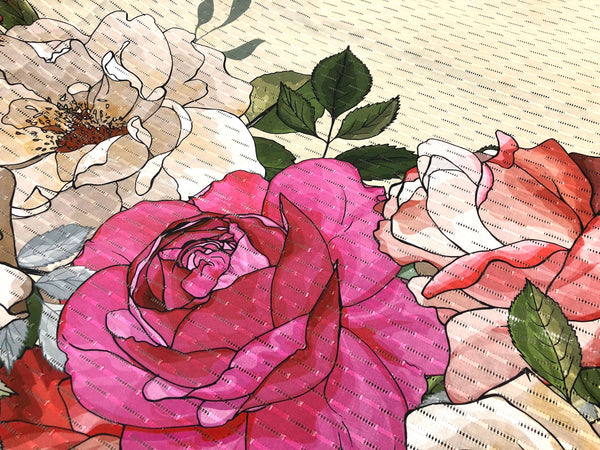 Printed Border Eyelet Stripe Cotton, Roses & Magnolias