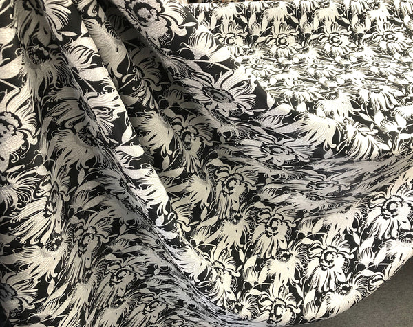 White & Silver Florals on Black, Jacquard Brocade