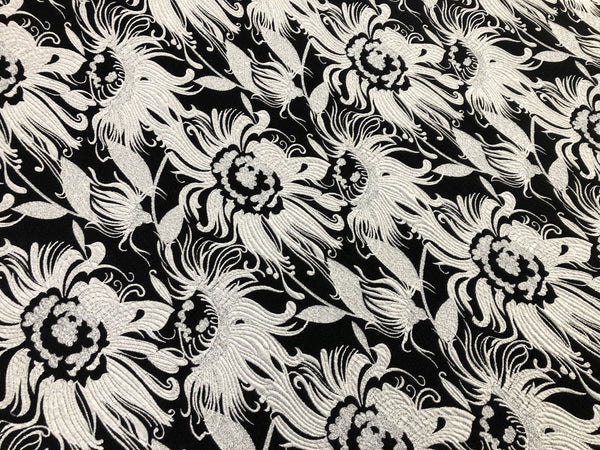 White & Silver Florals on Black, Jacquard Brocade