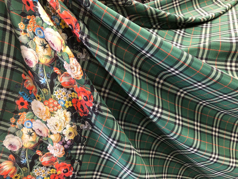 Check Tweed Boquet Print on Silk Crepe de Chine, Forest Green
