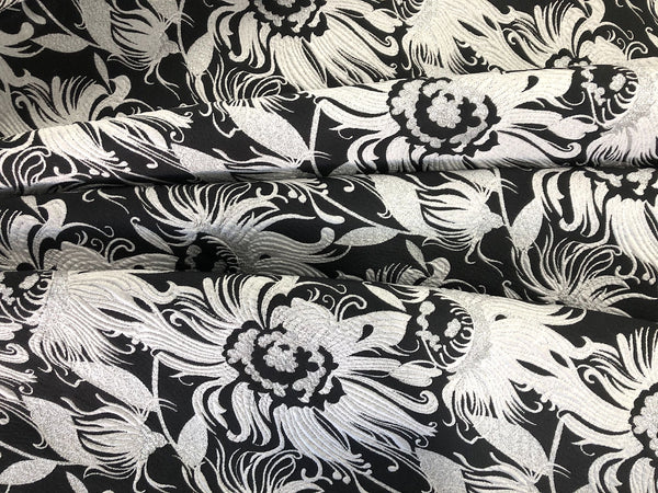 White & Silver Florals on Black, Jacquard Brocade