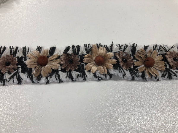 Floral Braid Trim, White, Black & Brown