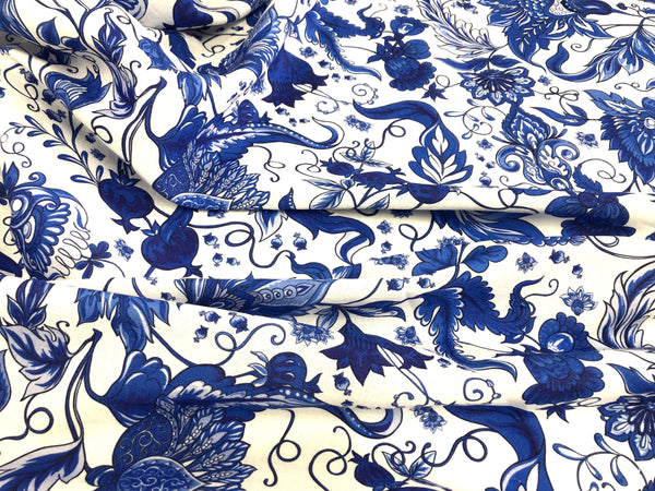 Cobalt Blue Floral Print on Linen