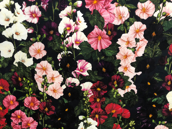 Mallows Garden Print on Navy Cotton