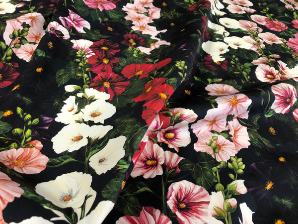 Mallows Garden Print on Navy Cotton