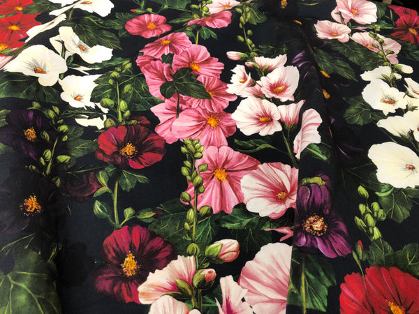 Mallows Garden Print on Navy Cotton