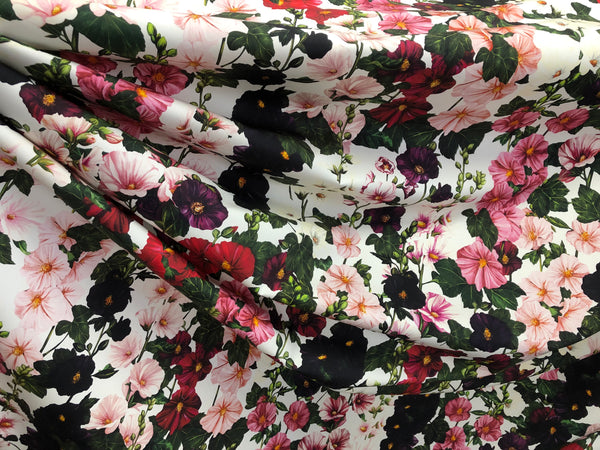 Mallows Garden Print on White Cotton