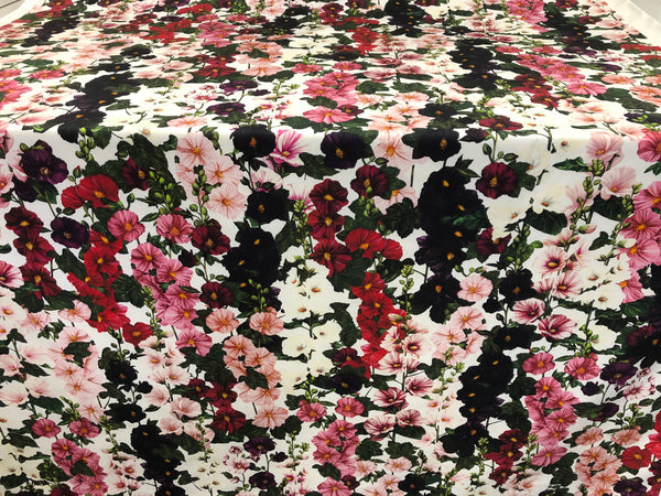 Mallows Garden Print on White Cotton