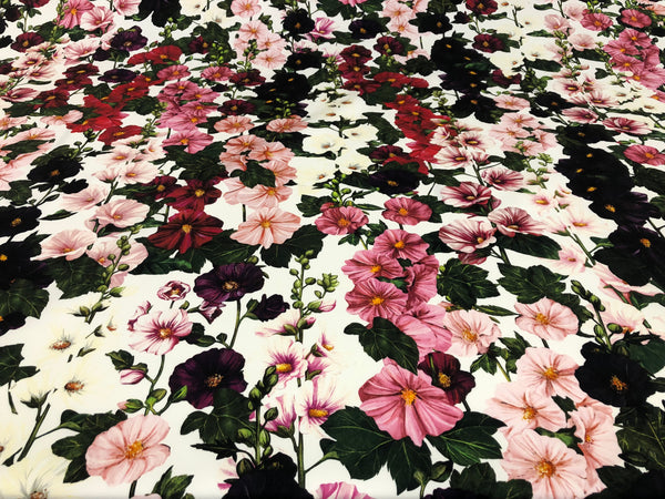 Mallows Garden Print on White Cotton