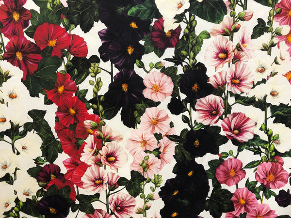 Mallows Garden Print on White Cotton