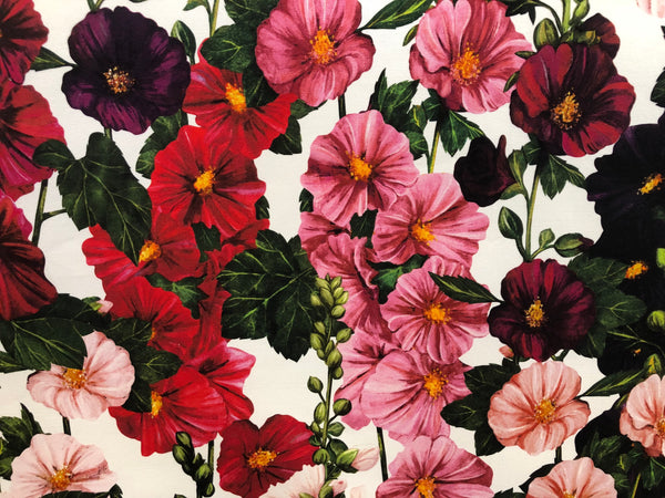 Mallows Garden Print on White Cotton