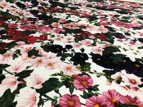 Mallows Garden Print on White Cotton