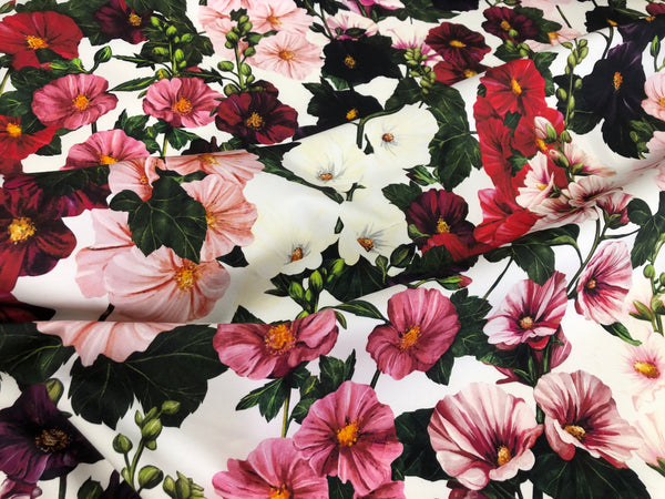 Mallows Garden Print on White Cotton