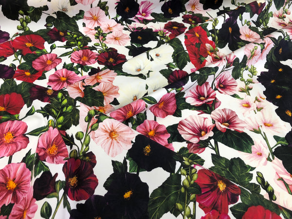 Mallows Garden Print on White Cotton