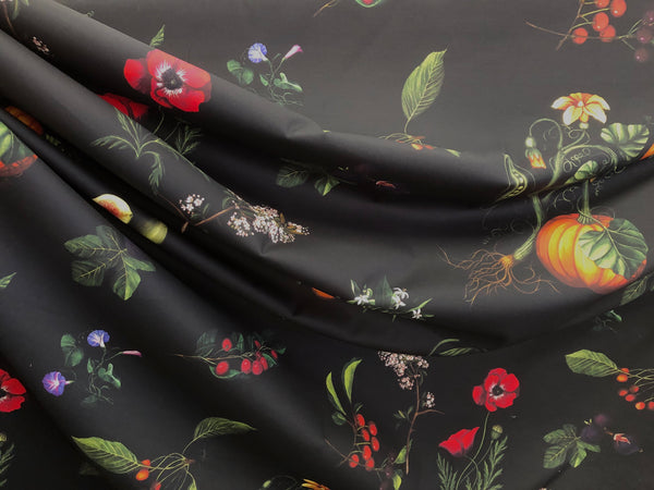 Garden Print on Black Cotton