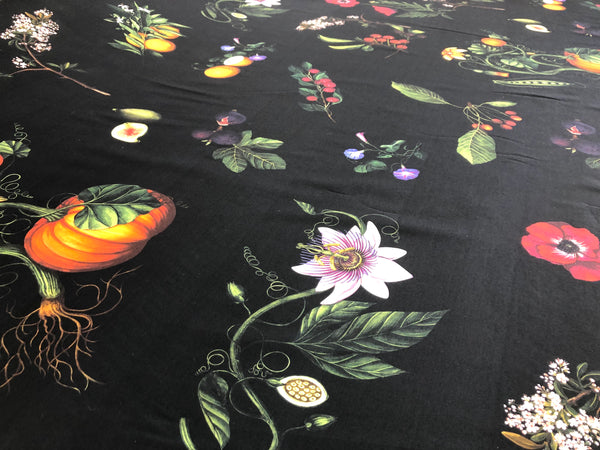 Garden Print on Black Cotton