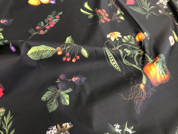 Garden Print on Black Cotton