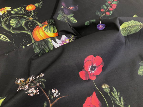 Garden Print on Black Cotton